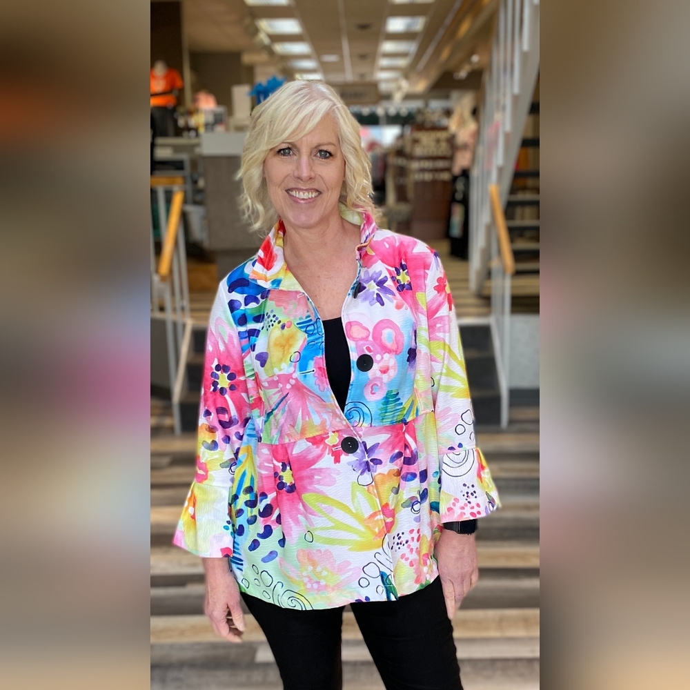 NWT Ali MILES ALI BEAUTIFUL JACKET ABSTRACT FLORAL WIRE COLLAR 3/4 SLEEVE SZ PL